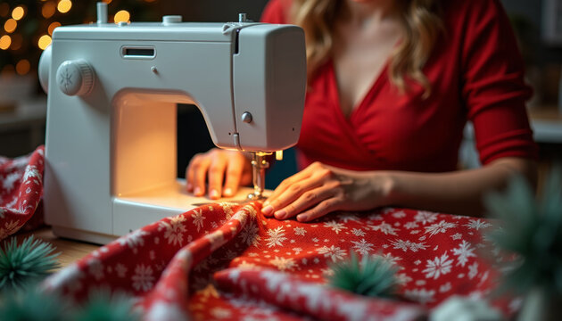 A young Caucasian woman with long blonde hair sews red fabric with white snowflake patterns using a sewing machine. The scene is cozy and festive, reflecting Christmas traditions.