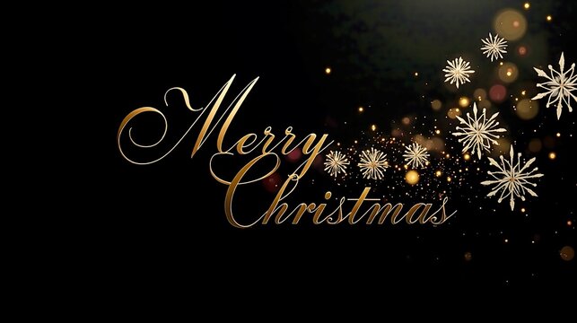 Elegant Gold Script "Merry Christmas" Text on Black Background with Sparkling Snowflakes