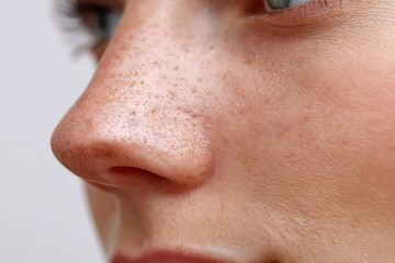 Close-up of the small, compact pores on a teenager's nose compared to the enlarged pores on an elderly person.