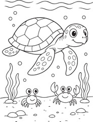 Sea Turtle and Baby Crab coloring page hand drawn illustration