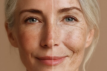 macro comparison of cheek skin glowing youthful vs dull aged texture