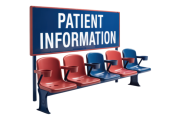 Patient information sign above empty red and blue waiting chairs isolated with transparent background