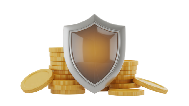 3d rendering of a metallic shield standing protectively in front of stacks of golden coins isolated on transparent background