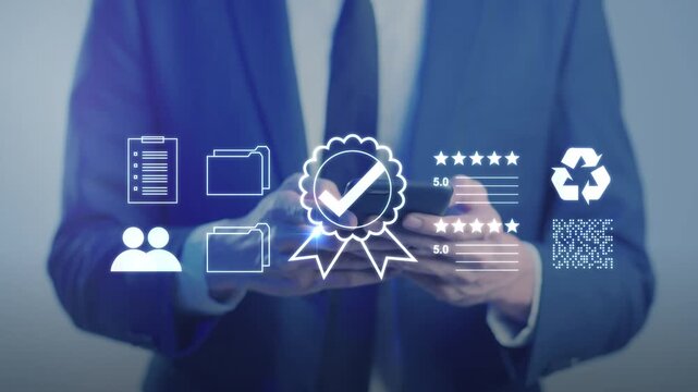 Corporate businessman completing a digital certify checklist for compliance and document verification using AI technology.