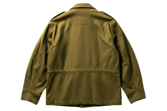 Back view of an olive green style field jacket isolated with transparent background