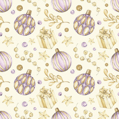 Watercolor Christmas seamless pattern. Print with Christmas tree ornaments, gift boxes, branches and garlands, and beads. Festive illustration for New Year's and Christmas product designs. Gold color.