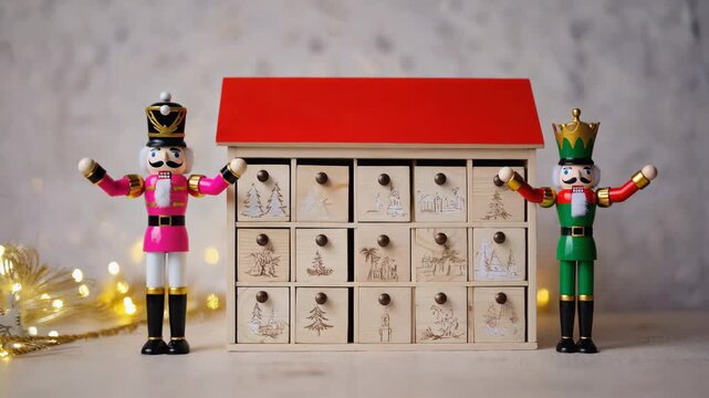 Holiday decorations and nutcracker figures by wooden advent calendar