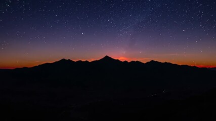 Majestic mountain sunrise transitioning to a stunning starry nightscape scenery