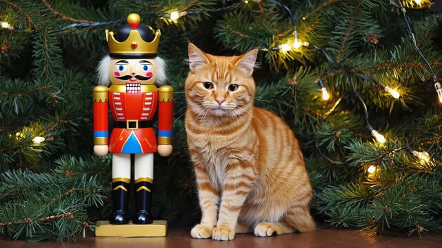 Orange cat poses beside a wooden nutcracker during the holidays
