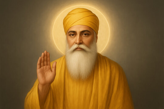 A striking, close-up portrait of guru nanak dev ji in a bright yellow robe and turban with a glowing halo happy nanak jayanti