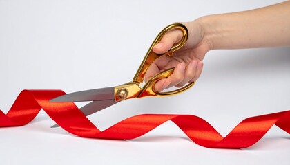 Ceremonial golden scissors cutting a vibrant red ribbon signifying a grand opening