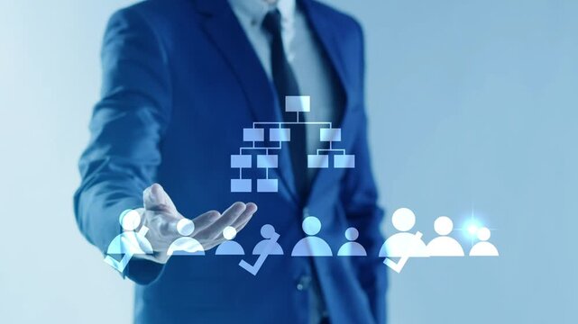HR human resources AI system, company employment CEO organization planning strategy. Businessman employer select hiring employee Job recruit search, head hunter team