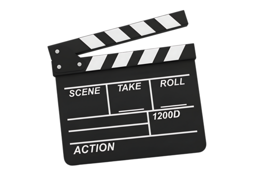 3d illustration of a black film clapperboard with white stripes, open and ready for action, isolated on transparent background, symbolizing movie production and filmmaking on transparent background