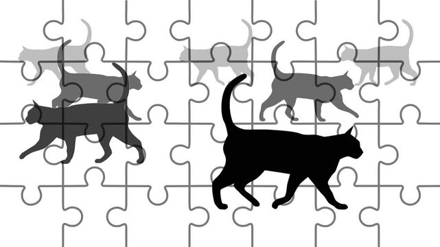 A jigsaw puzzle with walking cats, animation
