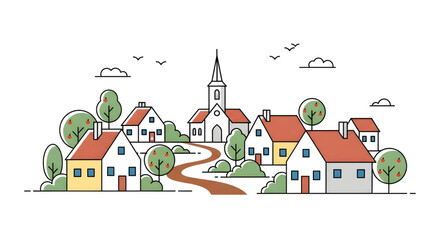 Whimsical Townscape: Sunny Village Streets and Church Spire