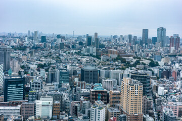 高層ビルから望む雨の日の東京