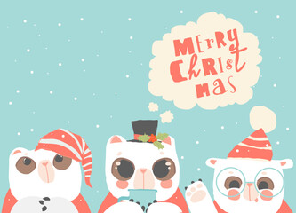 Cute Polar Bears celebrating Christmas on Blue Background