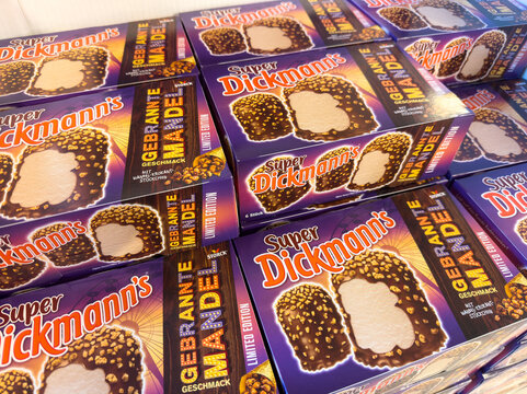 Super Dickmann's limited edition chocolate-covered marshmallow treats stacked in colorful packaging, showcasing vibrant design and appealing textures for dessert lovers