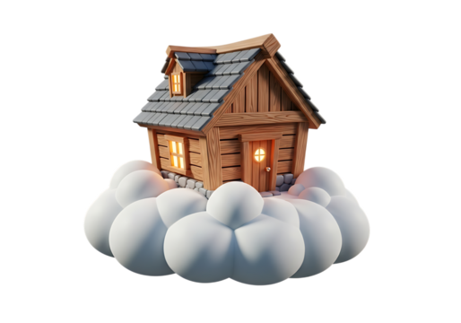 3d illustration of charming wooden cabin nestled on fluffy white clouds, creating a whimsical and cozy winter scene, isolated on transparent background on transparent background