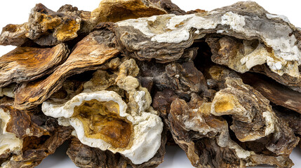 An abstract, close-up view intricate, weathered organic matter displaying rich textures earthy colors against a clean white background.
