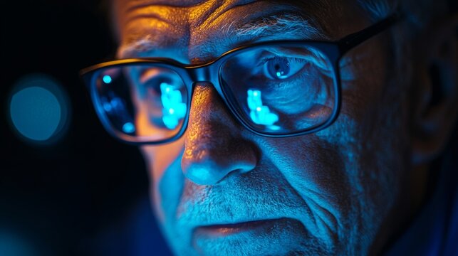 Elderly man wearing glasses with reflections of digital blue screens in lenses, intense expression on face, technology, cybersecurity, knowledge, artificial intelligence, digital world and experience. - Powered by Adobe