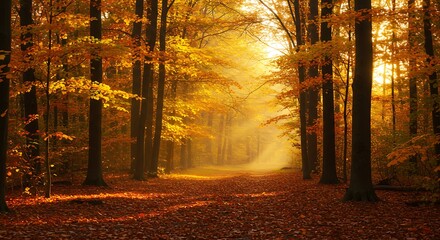 Fototapeta premium Golden Autumn Forest Path - Sunlight Through Trees.