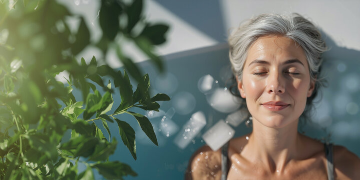 Top-down view of a serene woman in an outdoor ice bath, embodying longevity and wellness. Calm face with eyes closed in sharp focus, minimalist backyard