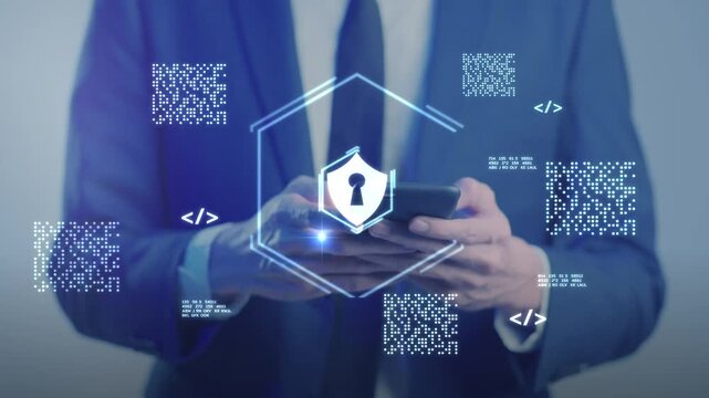 Corporate Cyber Security and Risk Management. A professional manages company security protocols on a digital device, AI data protection of sensitive business assets, client data, and critical 
