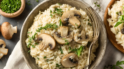 Deliciously creamy mushroom risotto garnished fresh parsley, thyme, grated Parmesan cheese, presented a rustic bowl a gourmet comforting meal.