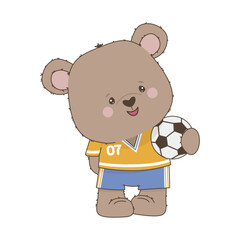 Adorable teddy bear in a soccer outfit holds a ball, featuring a playful and cheerful expression. makes it perfect for children s content and sports-themed designs.