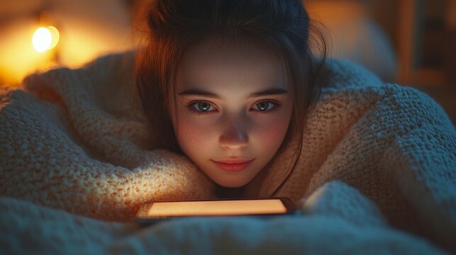 A young girl wrapped in a blanket watching tablet screen in dark bedroom illuminated by warm light, symbolizing modern lifestyle, digital media, relaxation, late evening browsing, and technology use. - Powered by Adobe