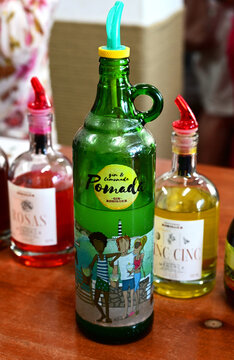Ma&oacute;, Mah&oacute;n, Menorca, Balearic Islands, Spain, Europe  : XORIGUER Gin Distillery, bottles of Pomada and Xoriguer herbal liqueurs ready for tasting
