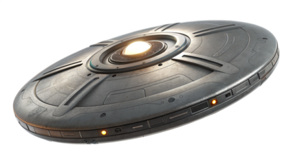 A futuristic metallic flying saucer or ufo, isolated on transparent background