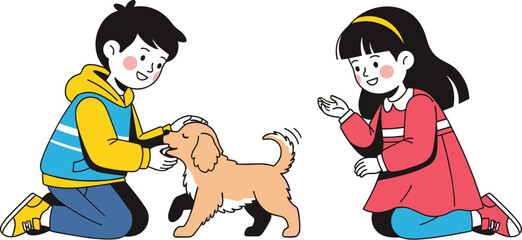 Happy children, a boy petting a brown puppy and a girl holding a black puppy, pet love, cute animals, childhood friendship.