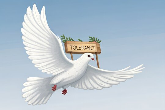 An illustration of a white dove of peace carrying an olive branch and a 'Tolerance' sign, symbolizing hope, acceptance, and spreading a message of harmony.
 Generative Ai.