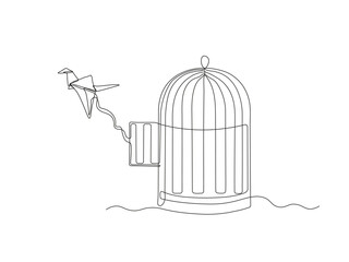 An abstract origami paper bird flies out of cage, birdcage, continuous single one line art hand drawing sketch, logo on white background