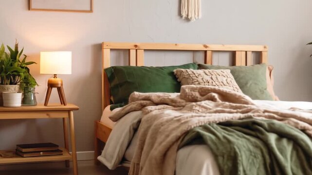 A cozy bedroom scene featuring a bed with layered blankets, pillows, a side table and indoor plant