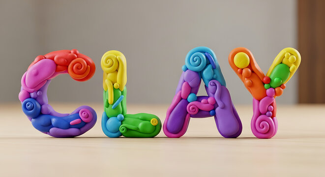 The word 'CLAY' spelled out in vibrant, multi-colored, textured modeling clay letters, showcasing playful shapes and swirls, set on a light wooden surface with a blurred background. Emphasizes creativ