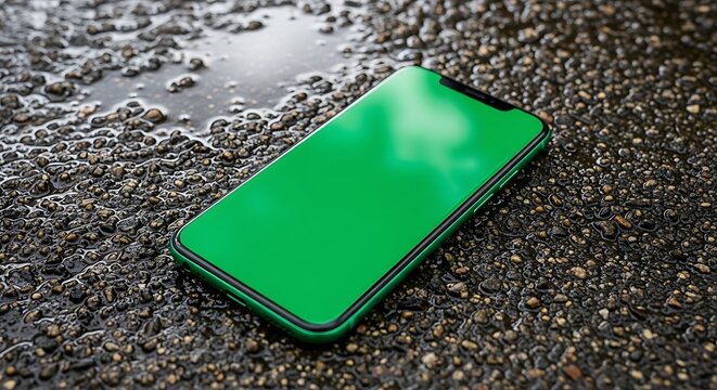 Smartphone with green screen on asphalt surface, perfect for app mockups.