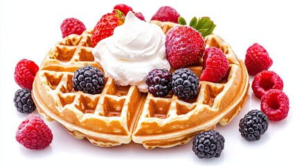 Fluffy Golden Waffles with Fresh Berries and Cream