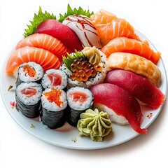 Assorted Sushi on White Plate Isolated Background
