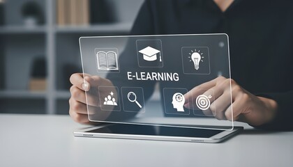 Person holding a tablet displaying elearning icons, representing online education and digital learning resources