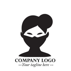 Elegant Woman Wearing Mask Logo Symbol in Black on White Background with Minimalist Modern Design