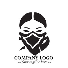 Elegant Woman Wearing Mask Logo Symbol in Black on White Background with Minimalist Modern Design