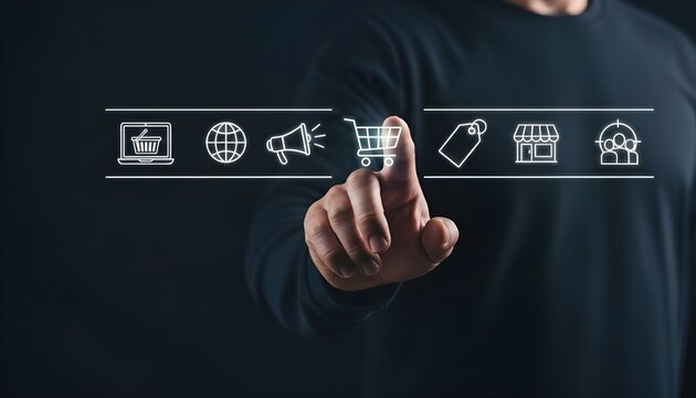 Persons finger touching a shopping cart icon on a futuristic interface, representing online shopping and ecommerce concepts