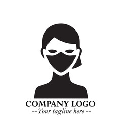 Elegant Woman Wearing Mask Logo Symbol in Black on White Background with Minimalist Modern Design
