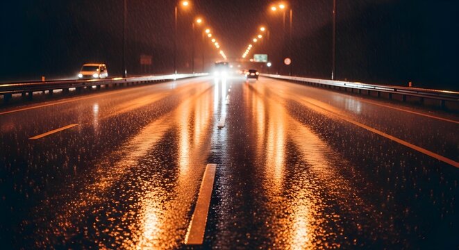 Vibrant night journey on a wet highway, brilliant streetlights and car headlights reflecting on the rain-slicked asphalt, creating a dynamic urban travel scene - Powered by Adobe