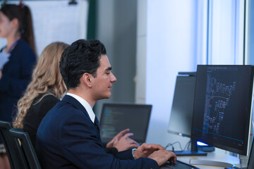 System health check deep dive. Engineers monitor complex infrastructure performance logs metrics multiple screens analyze trends ensure uptime critical IT operations command center mode.