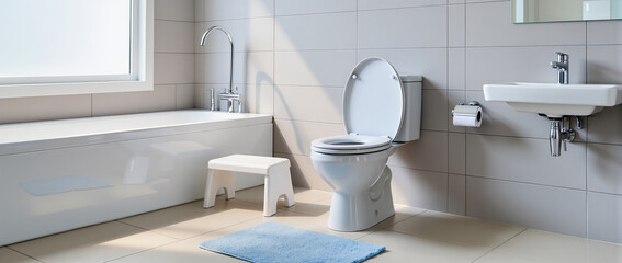 a bright modern bathroom interior with a white toilet, step stool, and folded children’s training seat on top