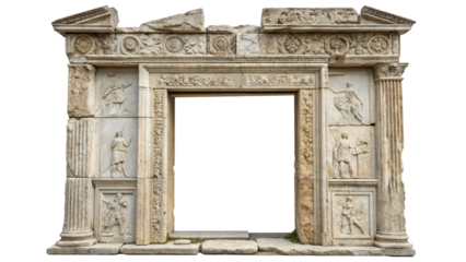 Ancient roman triumphal arch with intricate carvings and a large opening, isolated on transparent background